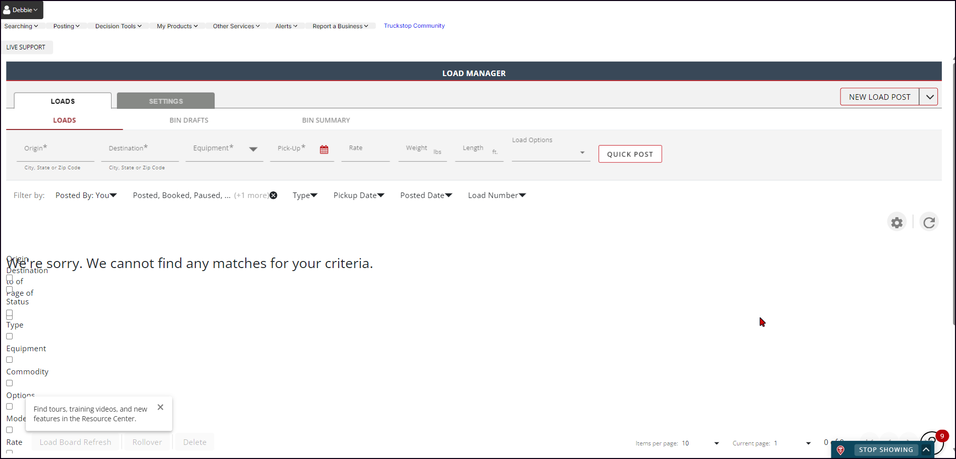 Load search (busqueda de cargas)/ Load manager (colocar cargas): Texto ...